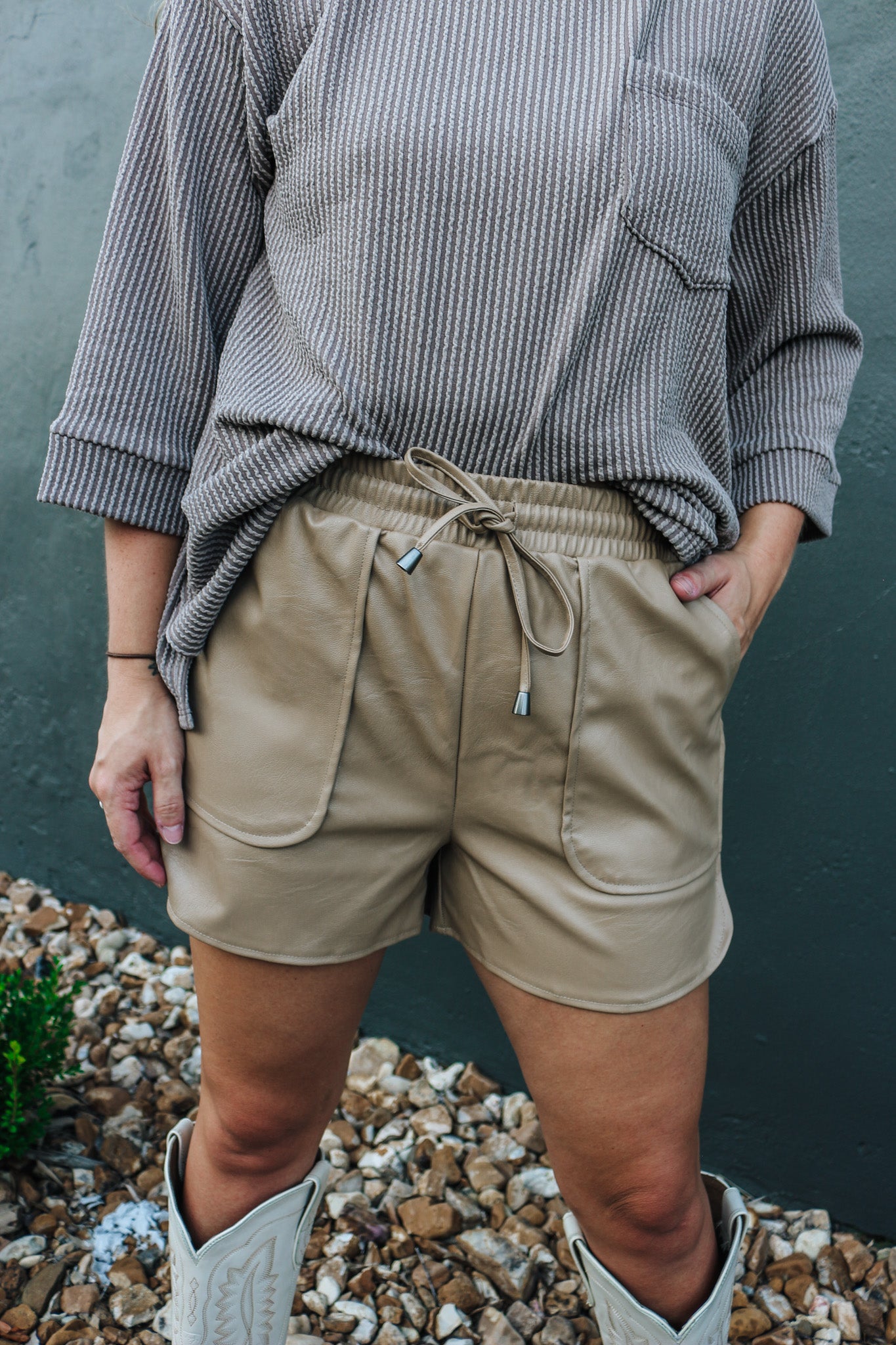 Let's Meet Beige Leather Shorts