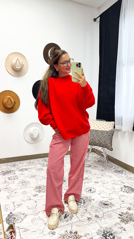 Extended Stay Red Mock Neck Sweater