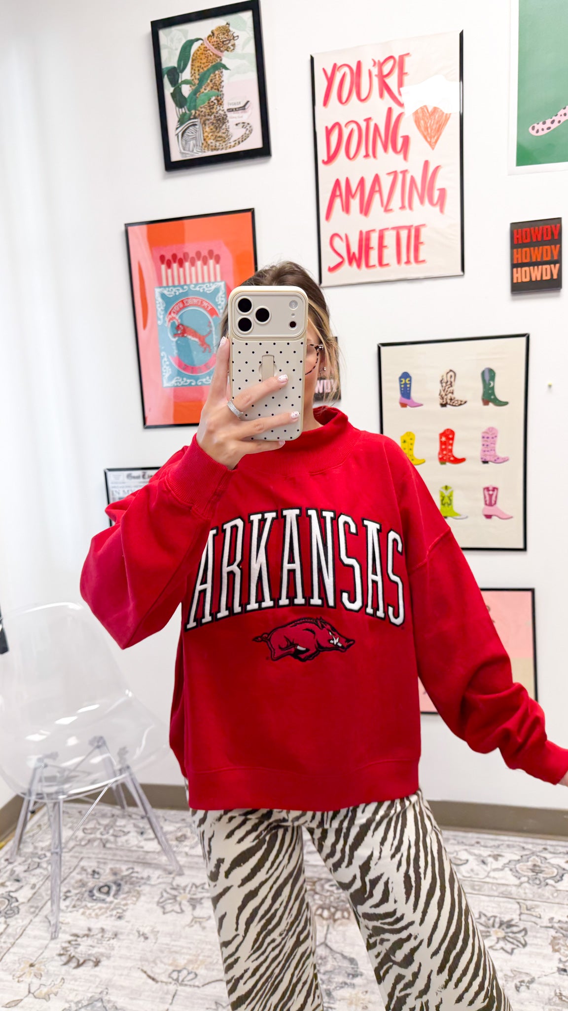 Mock neck Arkansas graphic sweatshirt, shown in one of two available colors