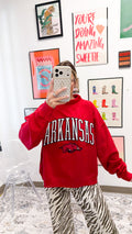 Mock neck Arkansas graphic sweatshirt, shown in one of two available colors