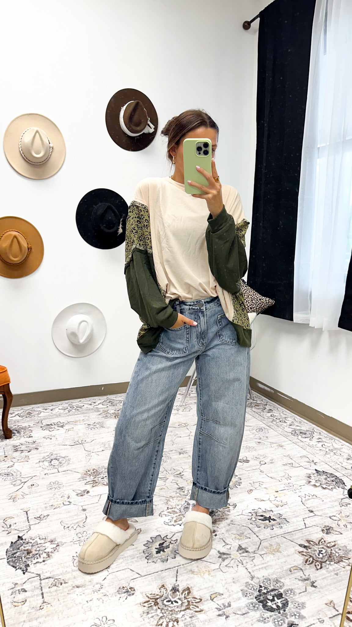 Old Time Sake Dark Olive Leopard Top