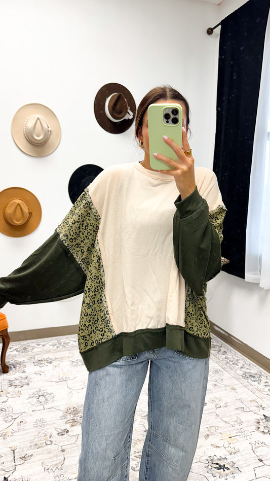Old Time Sake Dark Olive Leopard Top