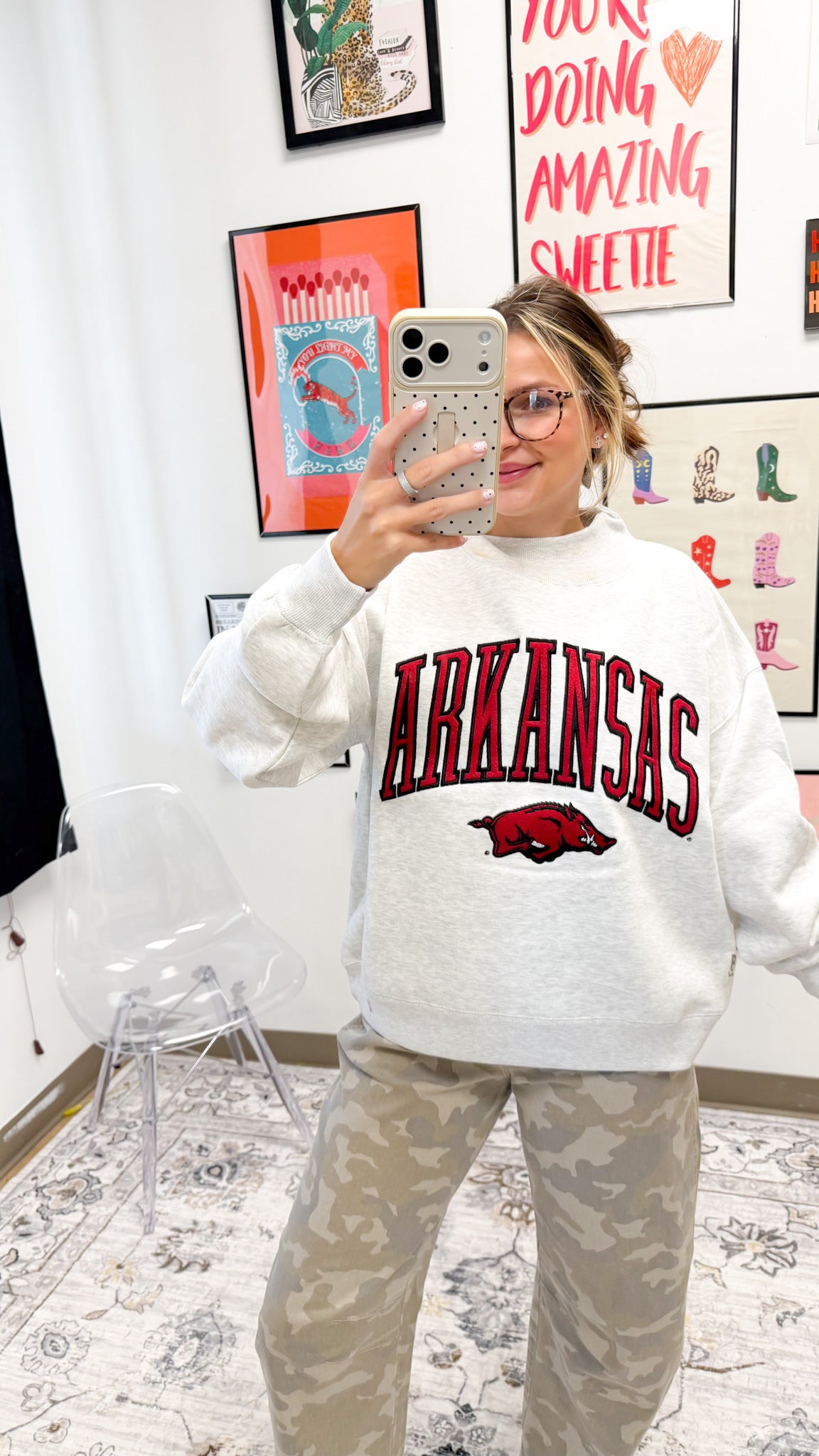 Mock neck Arkansas graphic sweatshirt, shown in one of two available colors