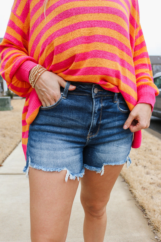 Risen High Rise Dark Wash Denim Shorts