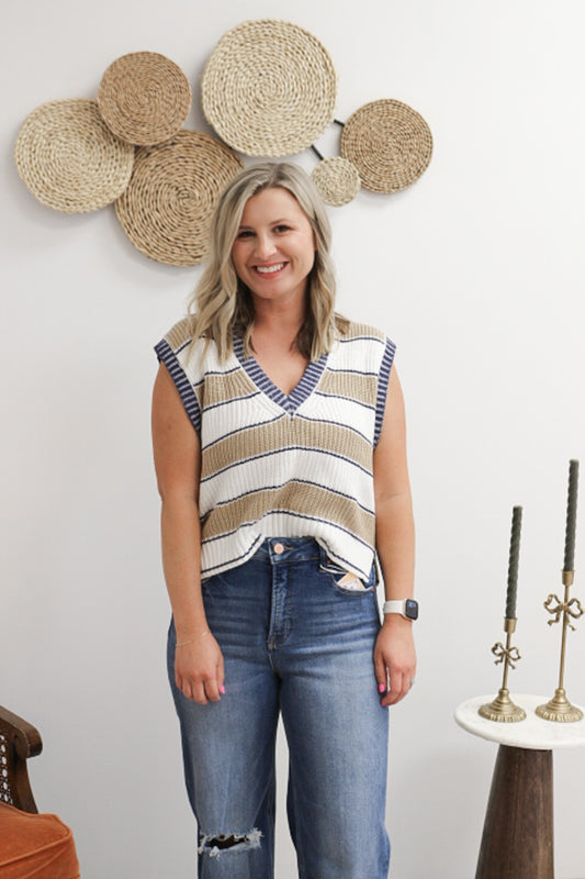 Cozy Hues Camel Blue Stripe Sweater Vest