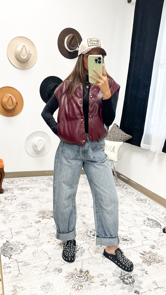 Iconic Record Plum Leather Puffer Vest