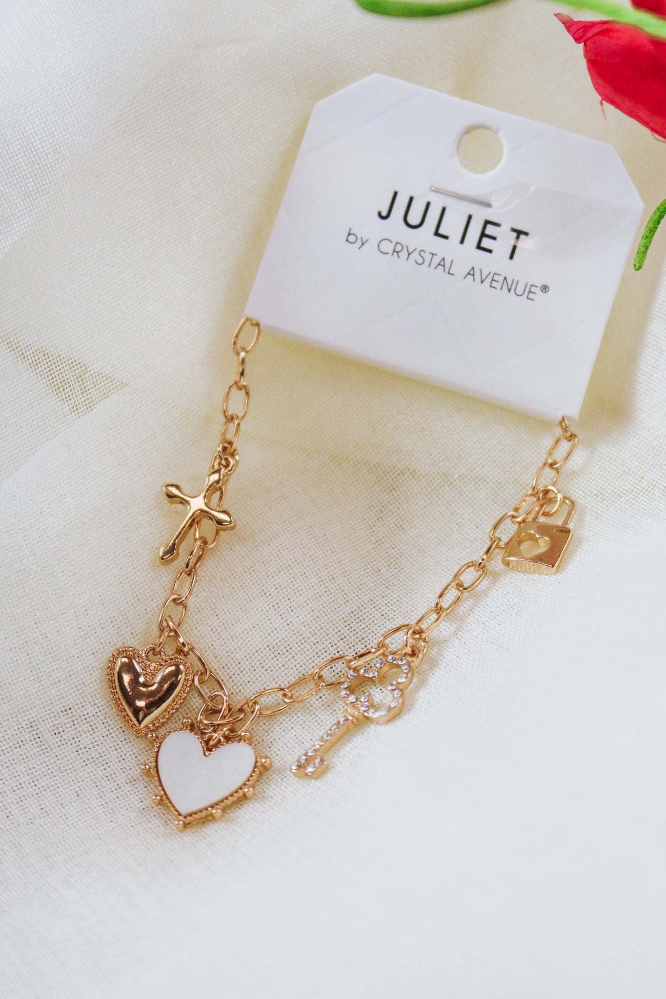 Gold Heart and Key Lock Charm Bracelet