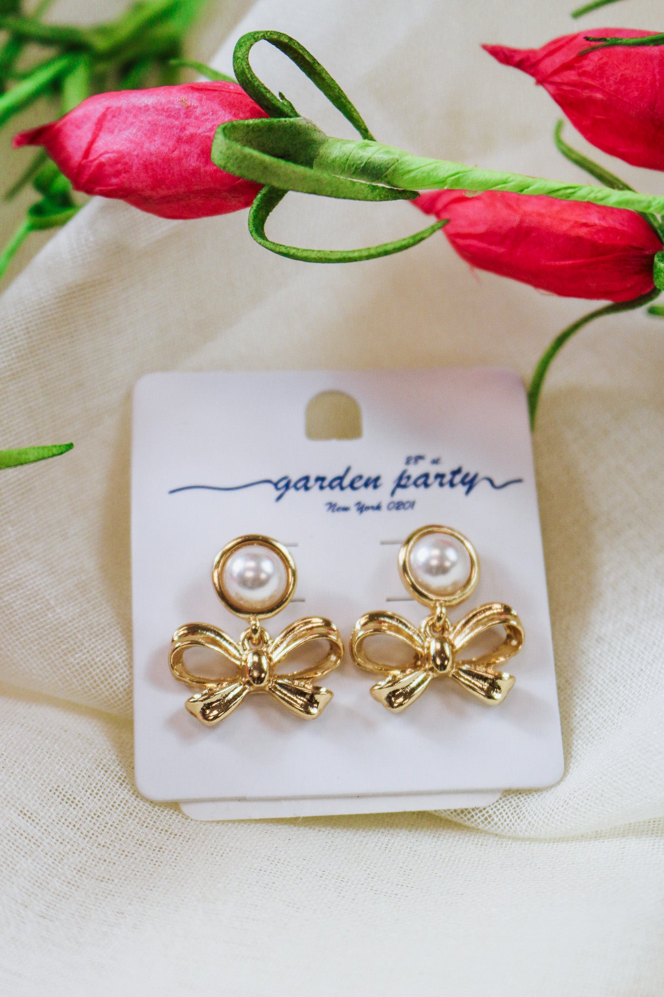 Pearl Stud with Gold Bow .75" Drop Earring