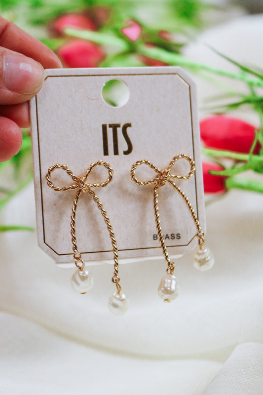 Gold Textured Rope and Pearl Bow 1.5" Earring