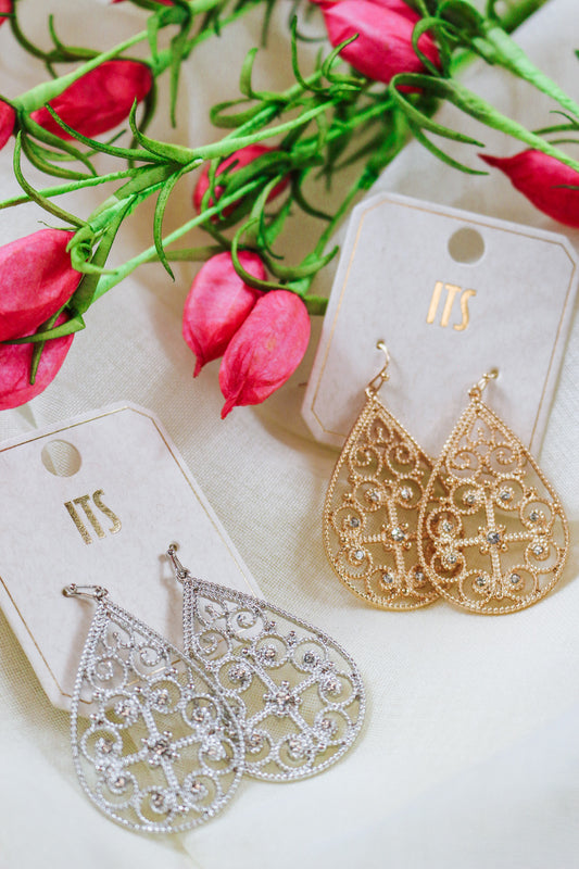 Open Filigree Teardrop 2.3" Earrings -2 Colors