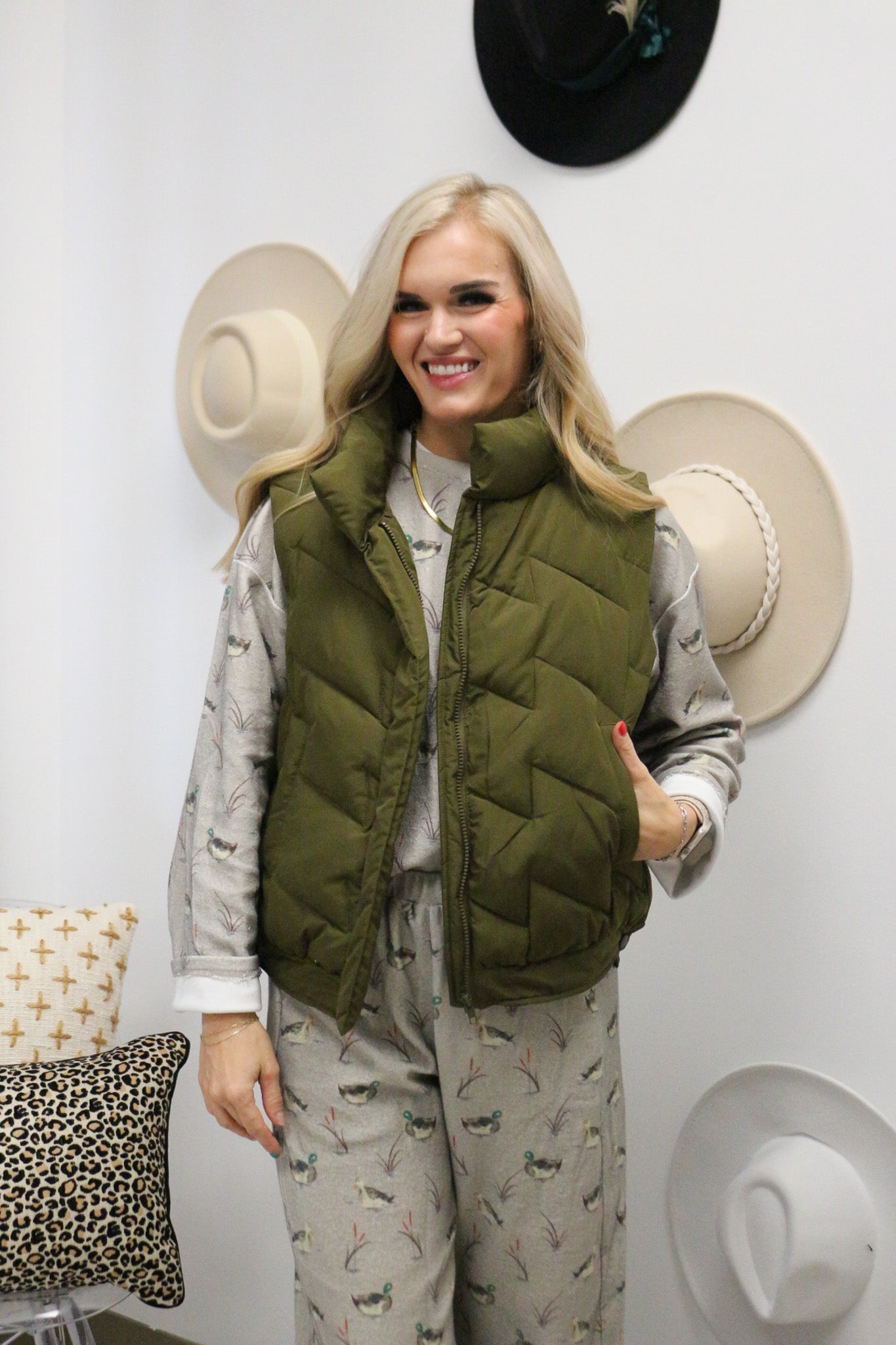 Ancient Memories Olive Green Puffer Vest