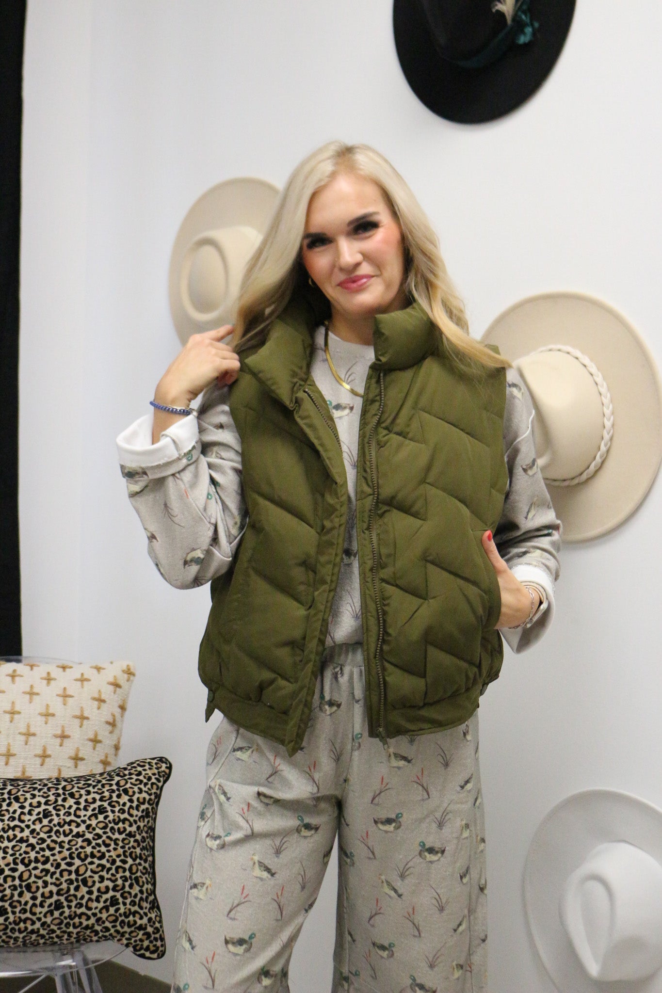 Ancient Memories Olive Green Puffer Vest