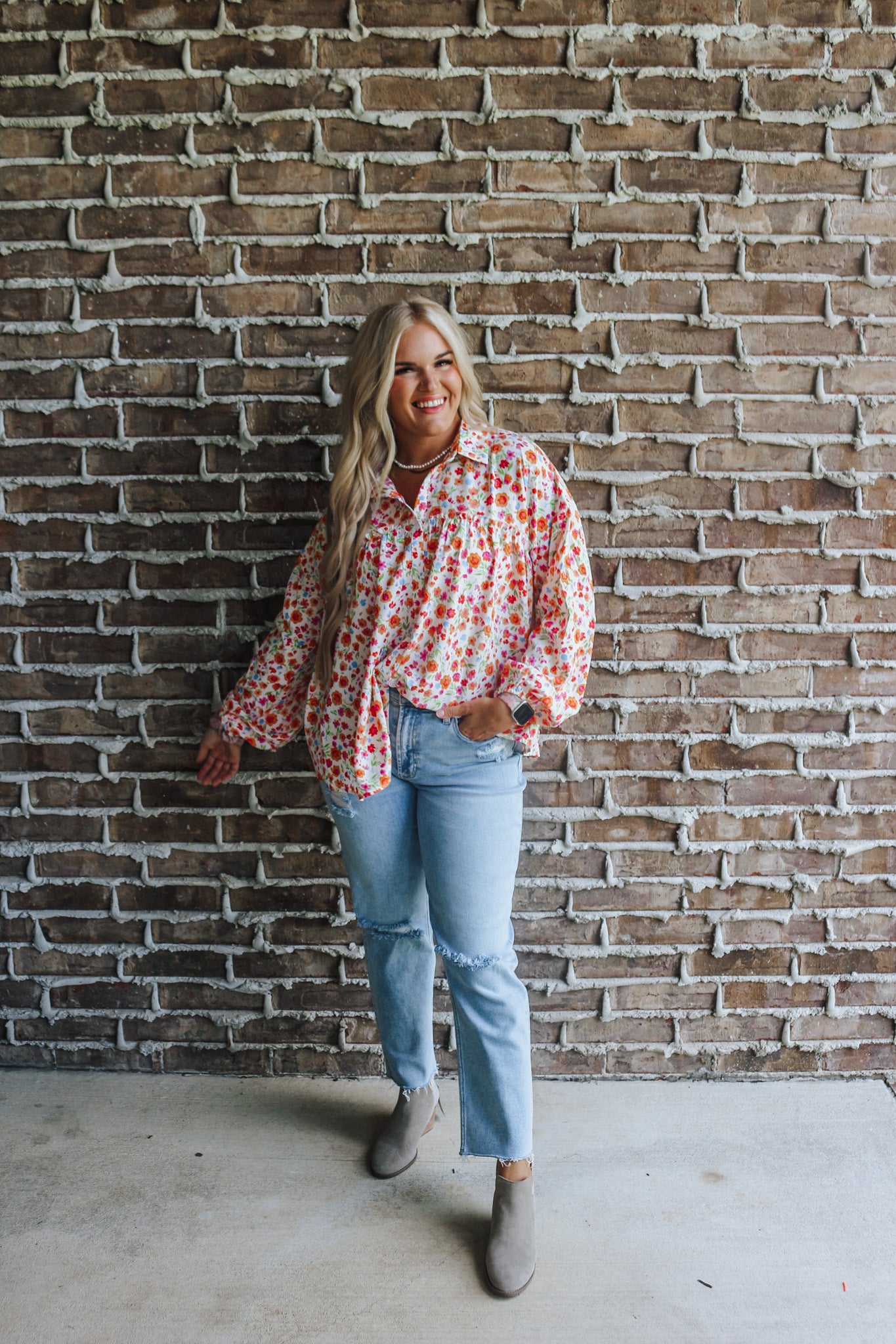 Downtown Cafe Apricot Floral Blouse