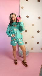 My Ducks In A Row women's sea green mallard duck sweater and shorts set, mirror selfie