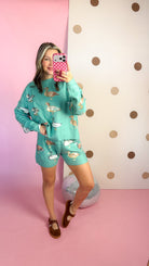 Mallard sea green sweater and shorts set, full-length mirror selfie with brown flats