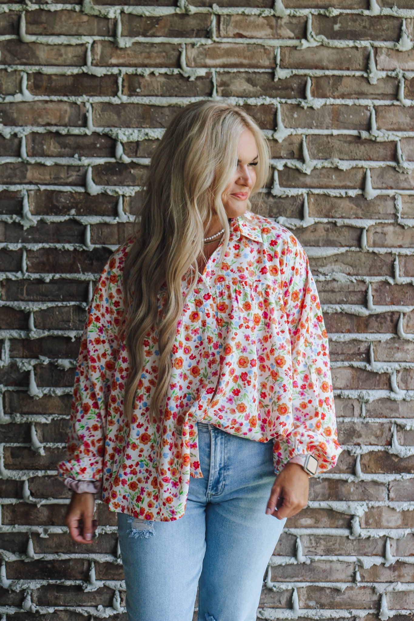 Downtown Cafe Apricot Floral Blouse