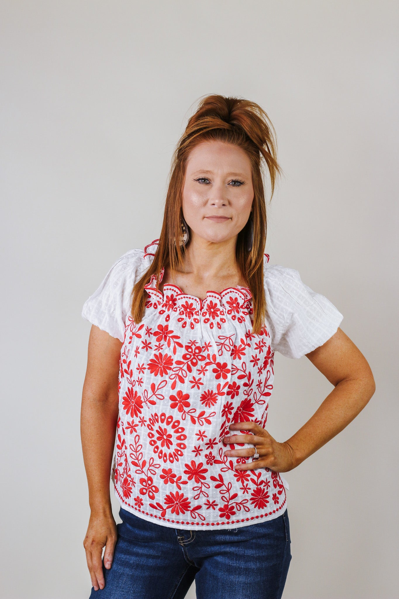 Good For Business Ivory Red Floral Blouse