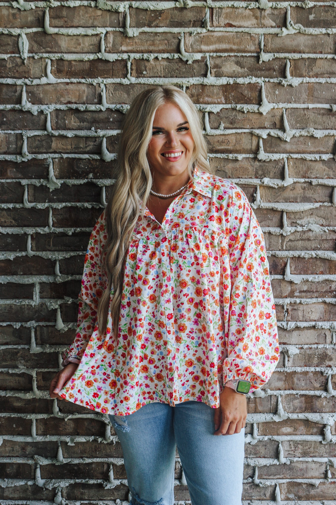 Downtown Cafe Apricot Floral Blouse