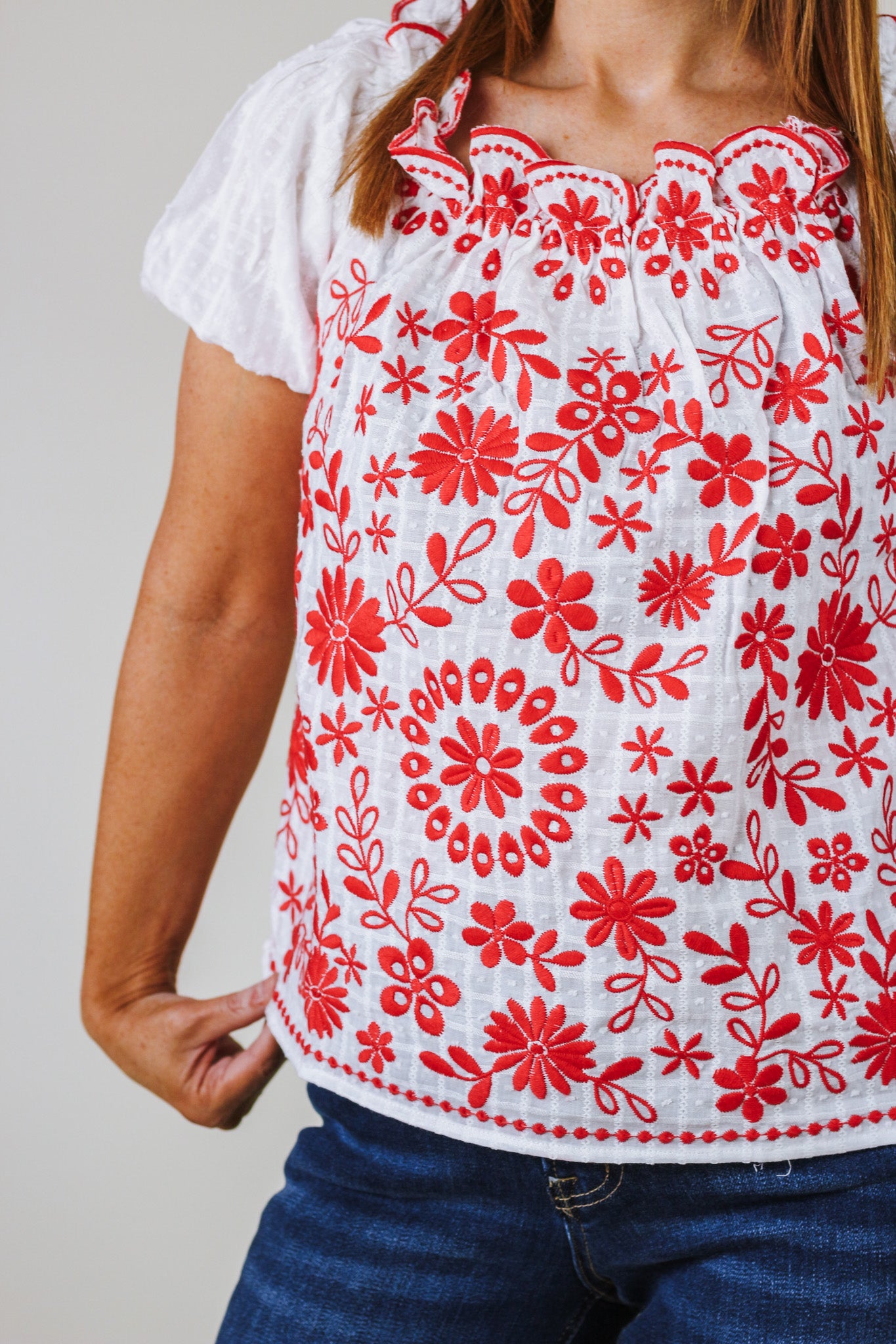 Good For Business Ivory Red Floral Blouse