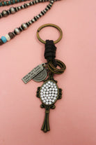 To Be Free Western Keychain Charm with brown connector, antiqued metal accents and sparkling hand-mirror-shaped charm