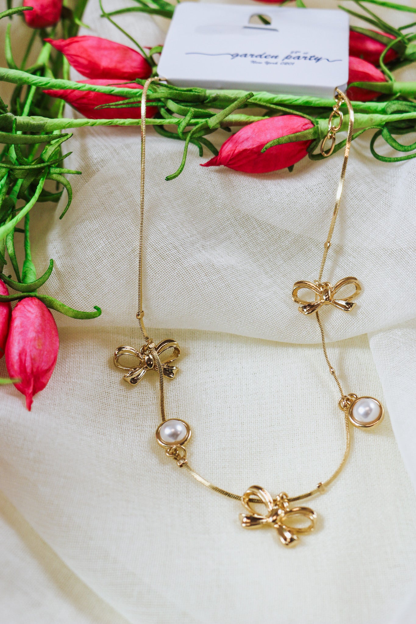 Gold Bow & Pearl Charm Necklace