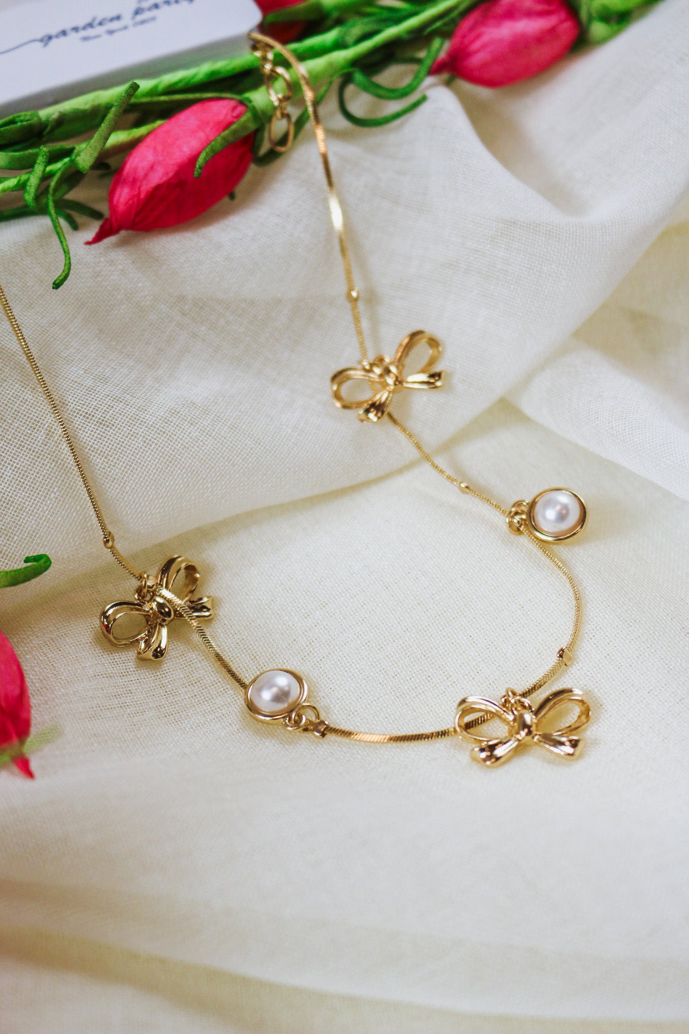 Gold Bow & Pearl Charm Necklace