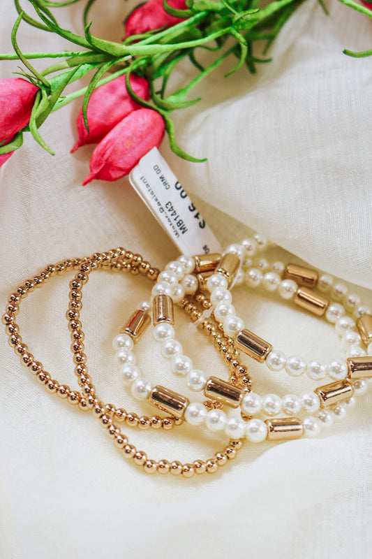 Set Of 5 Gold & Pearl Beaded Stretch Bracelets