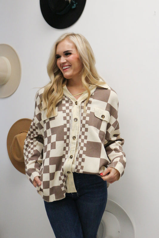With Warm Feeling Mocha Checkered Waffle Knit Shacket