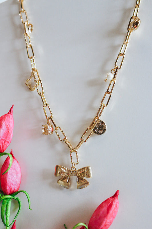 Gold Charm Bow Pendant Necklace