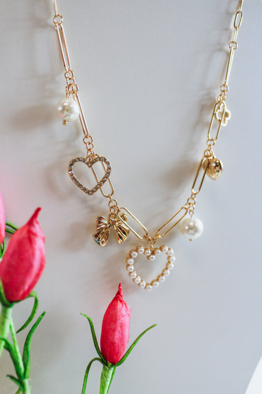 Gold Pearl Heart Pendant Charm Necklace