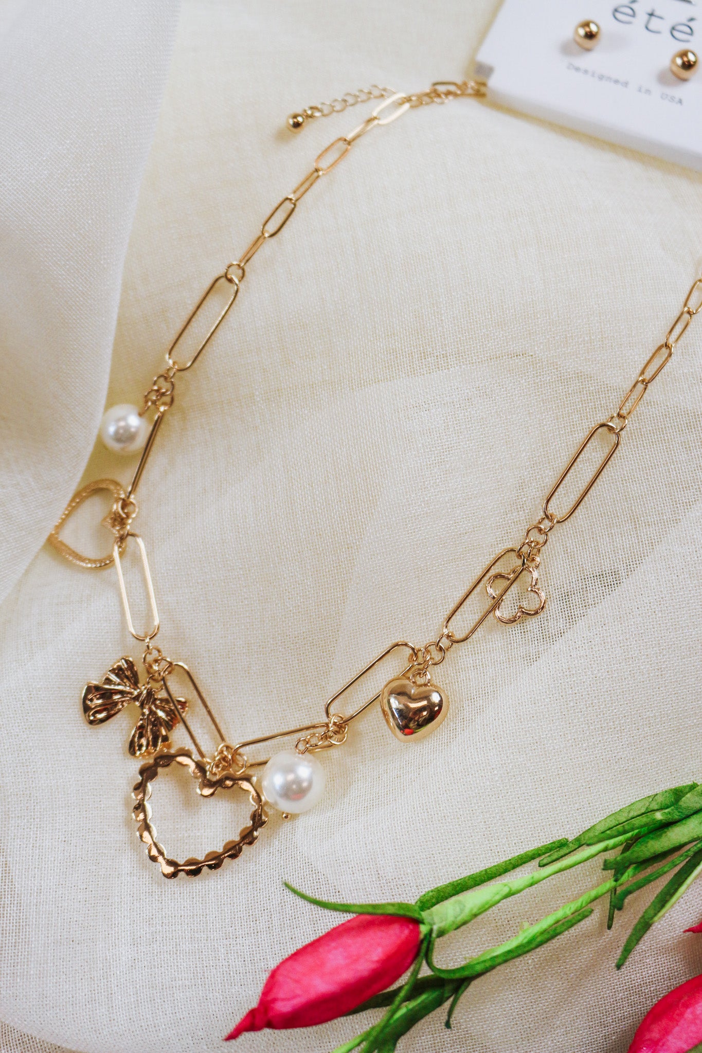 Gold Pearl Heart Pendant Charm Necklace