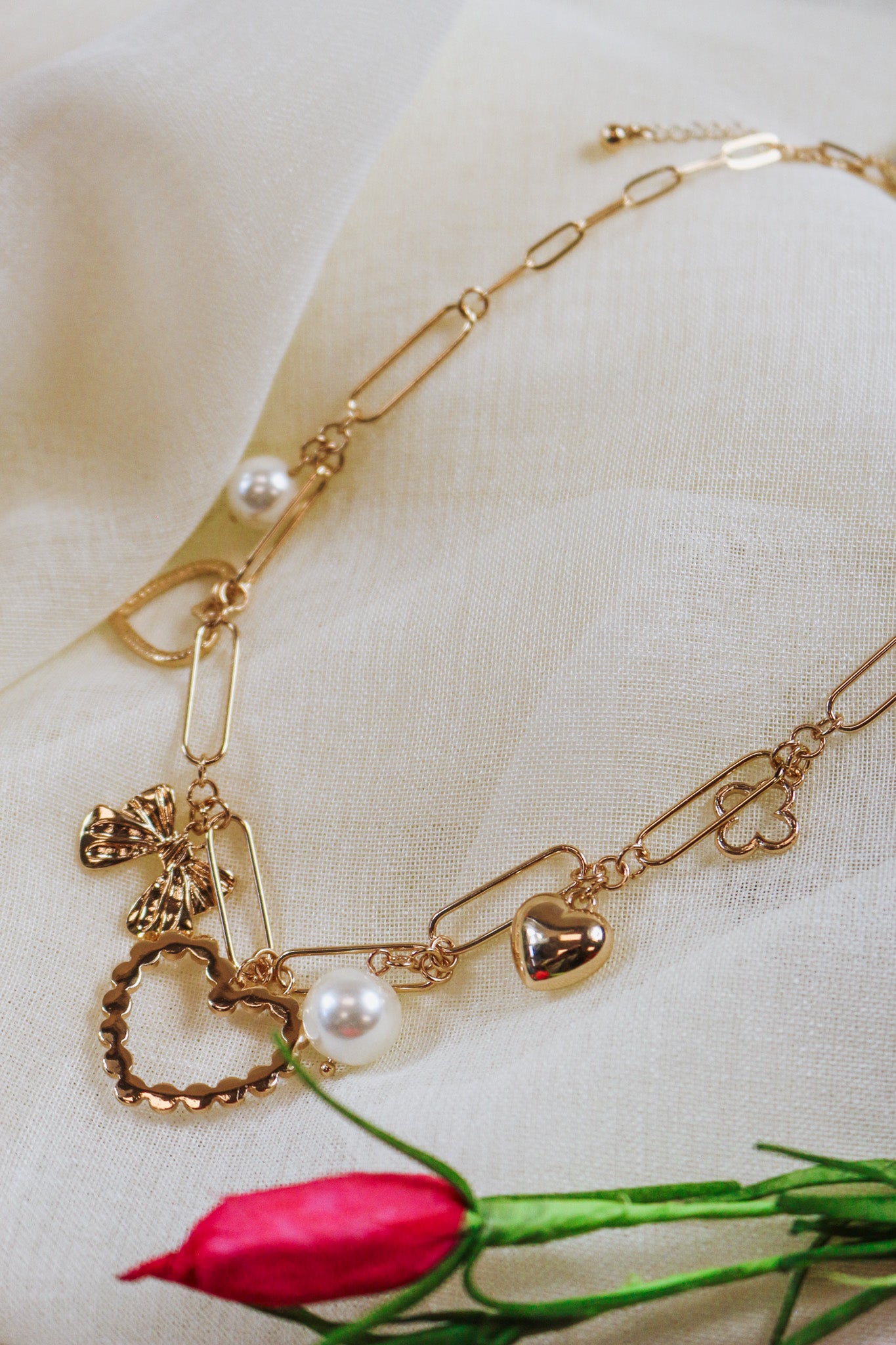 Gold Pearl Heart Pendant Charm Necklace