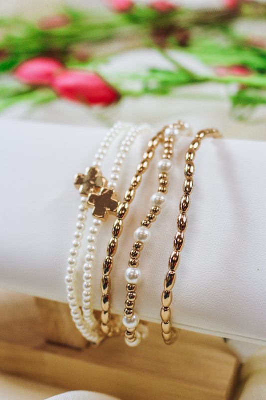 Set of 5 Gold & Pearl Cross Beaded Bracelet