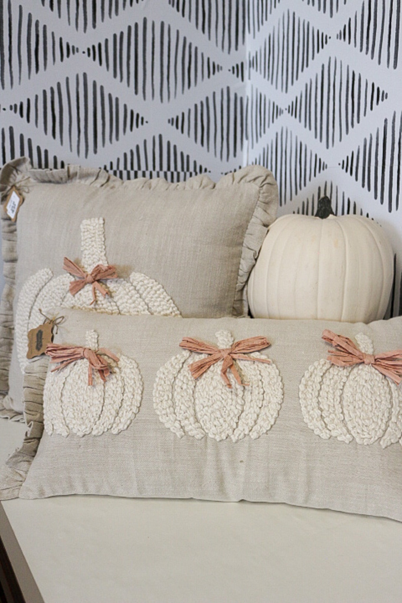 Square Embroidered White Pumpkin Pillow