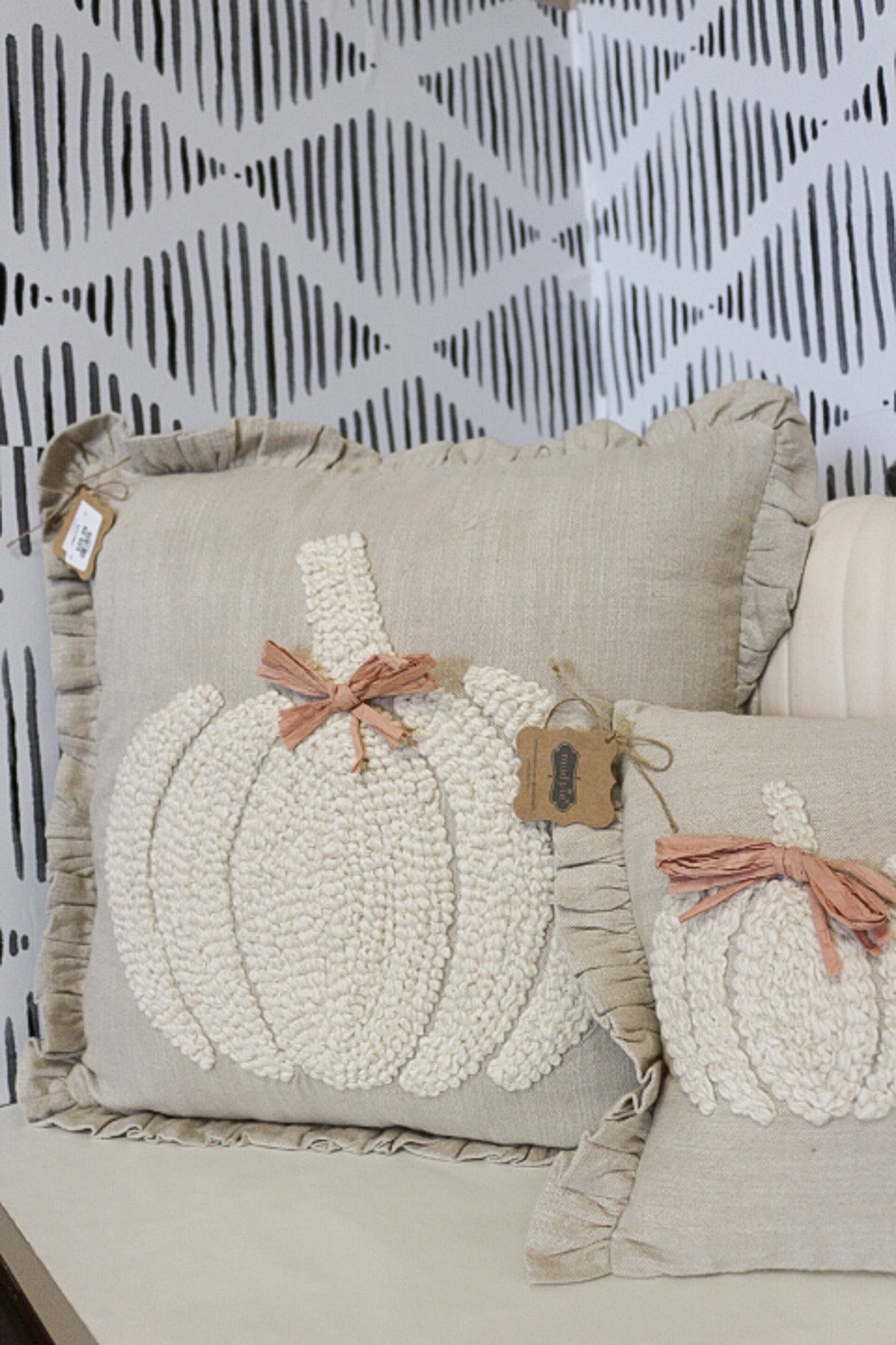 Square Embroidered White Pumpkin Pillow