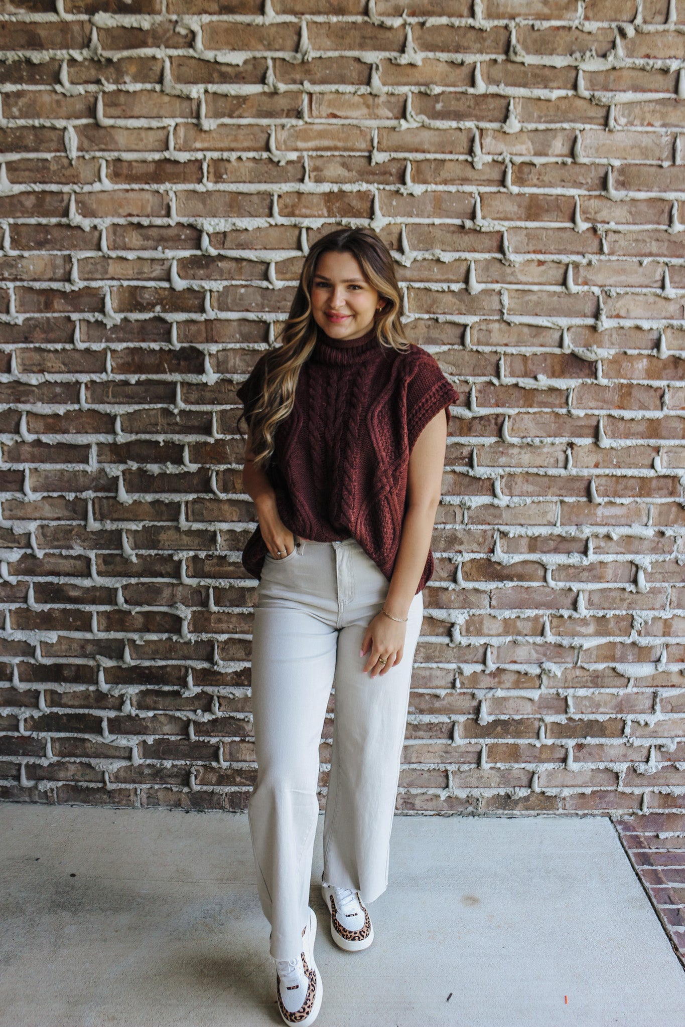 Golden Horizon Sleeveless Cable Knit Brown Sweater