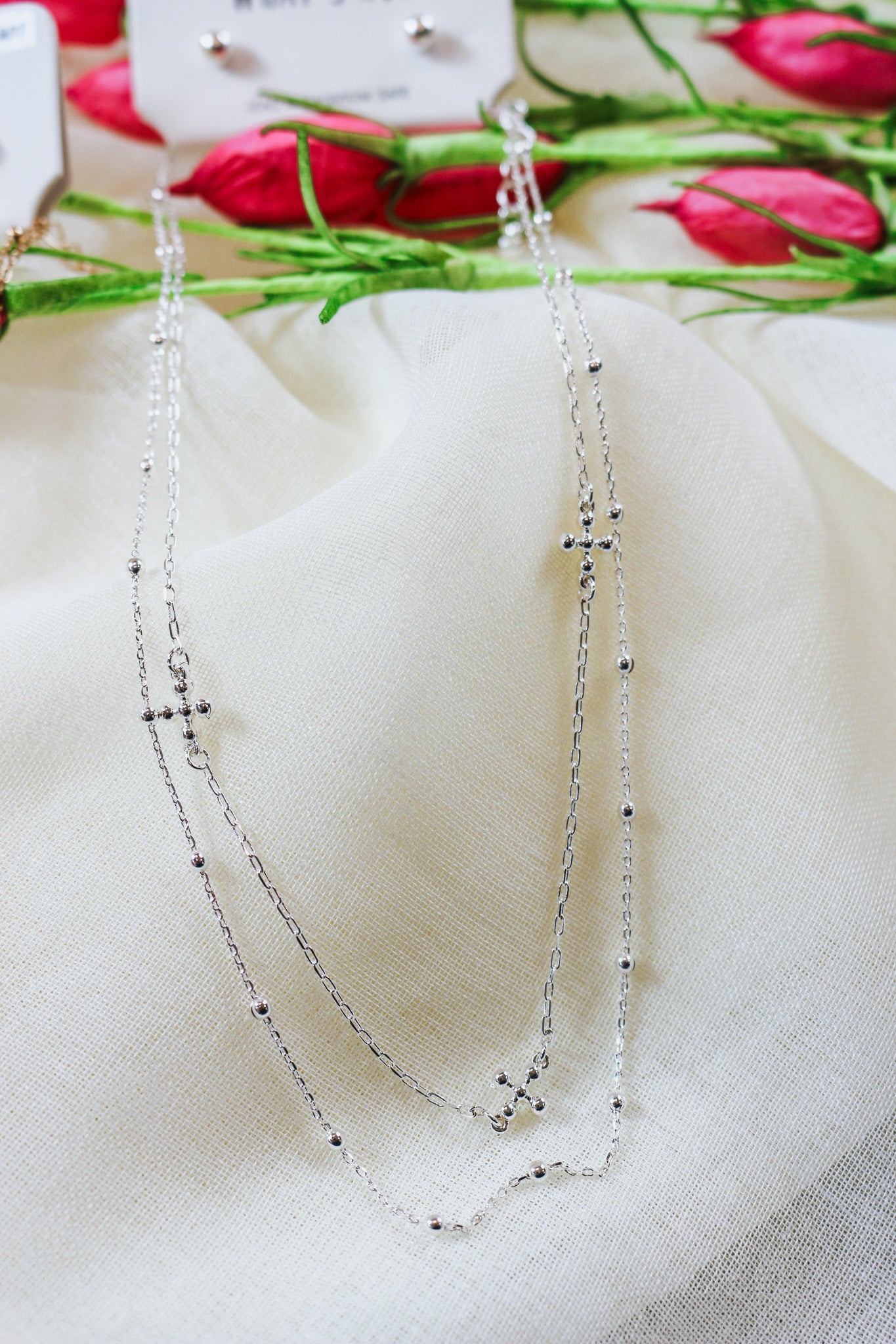 Beaded Chain Cross Layered Necklace -2 Colors