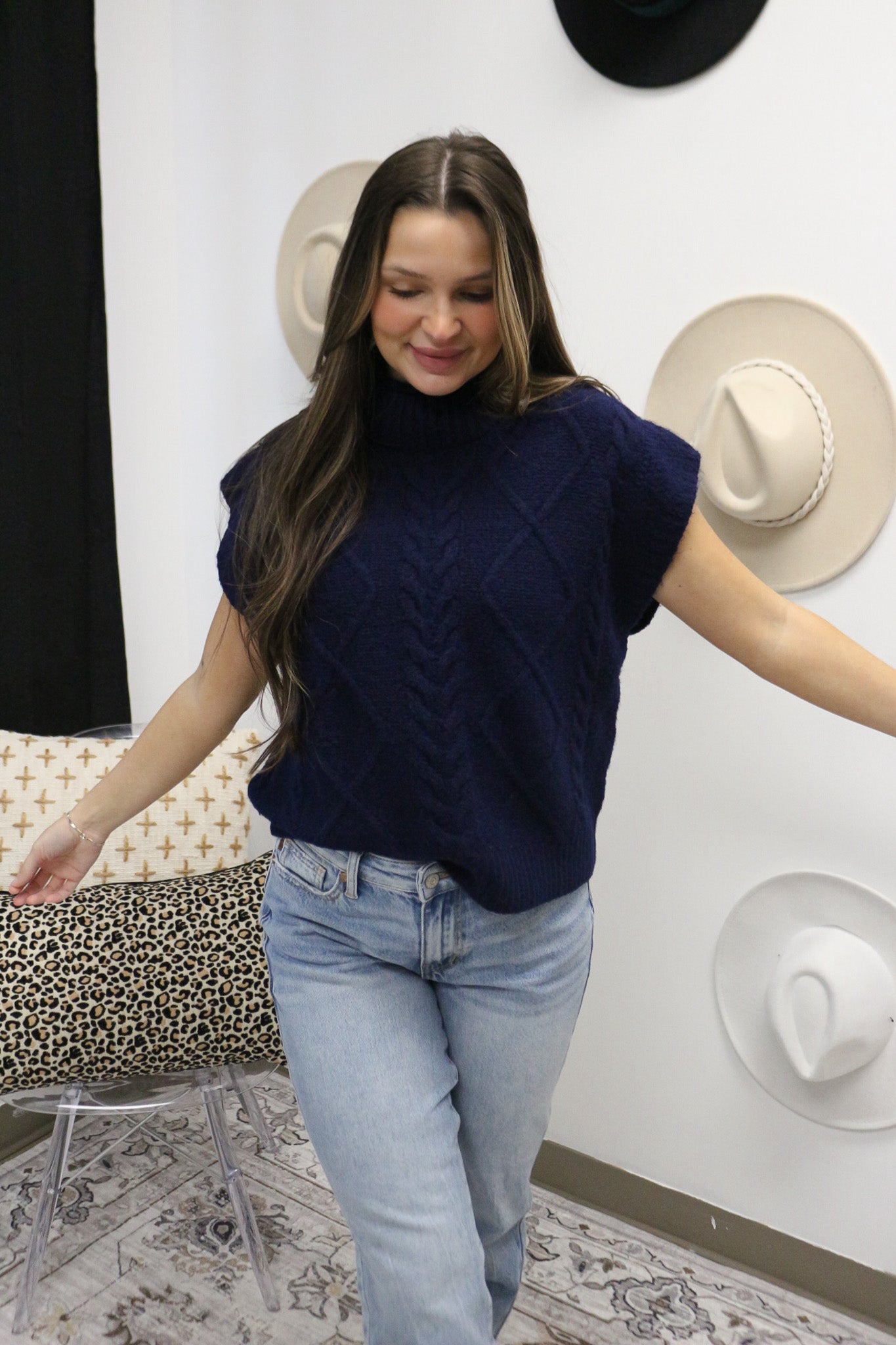 Unbothered Era Navy Blue Knit Sweater