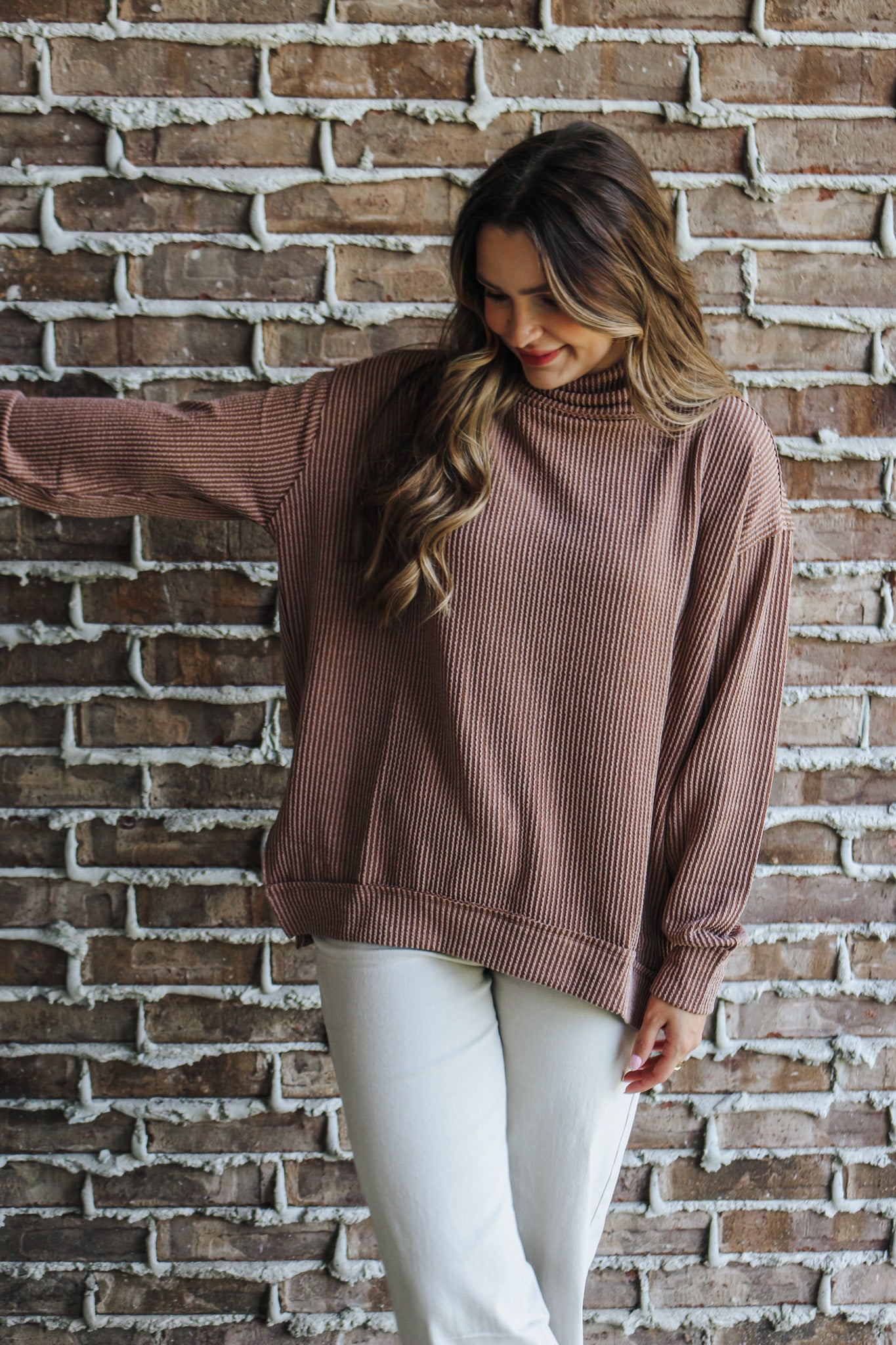 In A Trance Cowl Neck Coffee Brown Ribbed Top