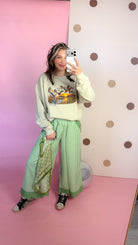Reason To Celebrate sage stripe pants, mirror selfie with scarf