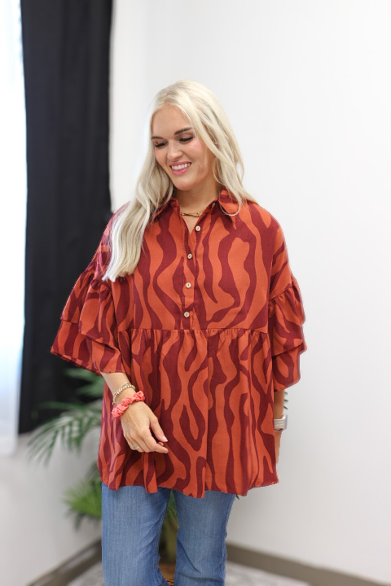 Autumn Trail Mahogany Ruffle Tunic Top