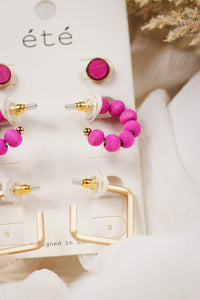 Set of 3 Hot Pink Wooden Stud, Huggie Hoop, and Gold Earrings
