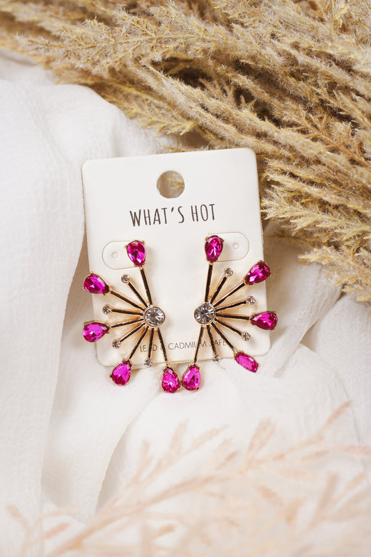 Gold and Hot Pink Crystal Spiked Stud 1.5" Earring
