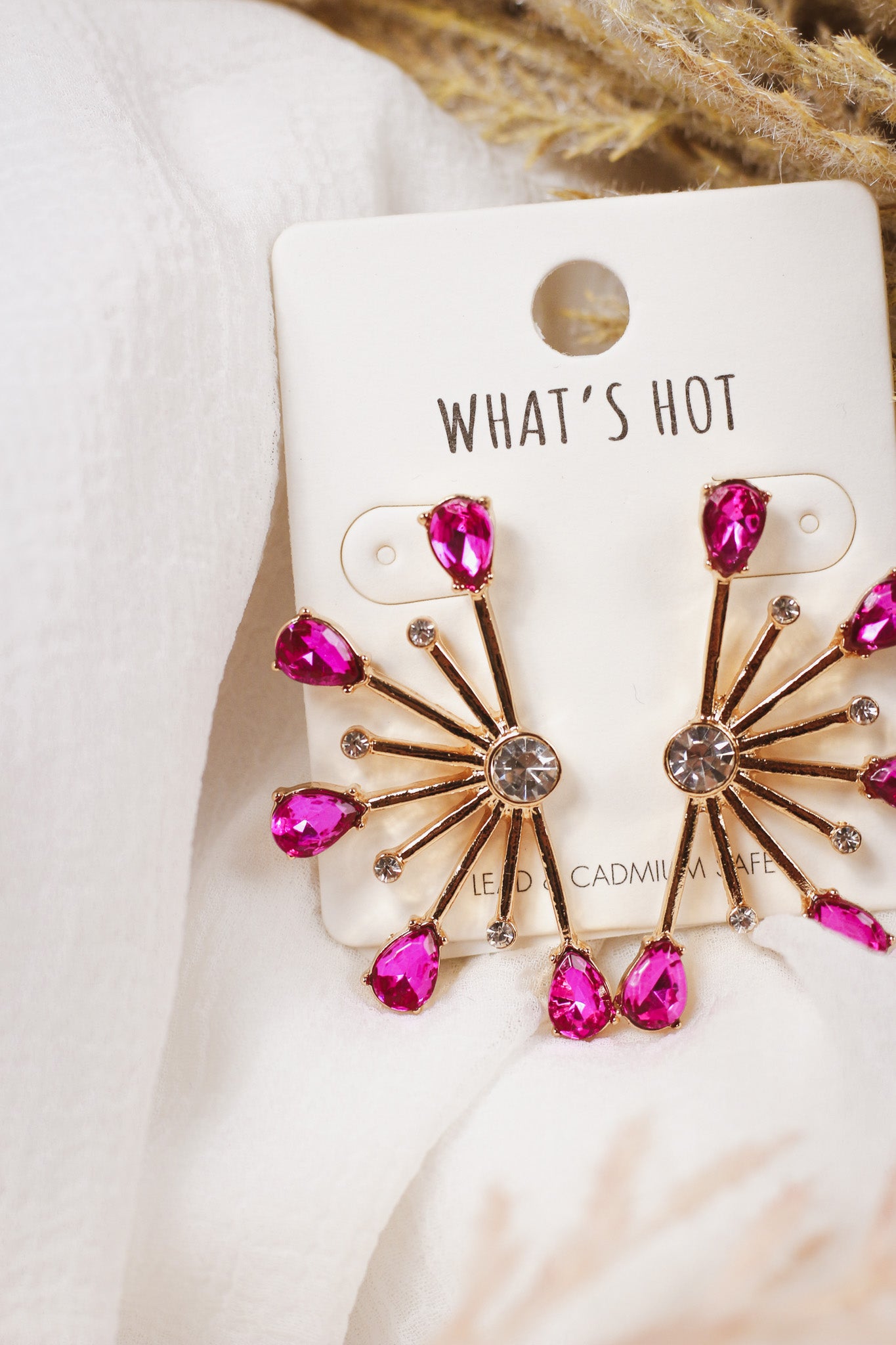 Gold and Hot Pink Crystal Spiked Stud 1.5" Earring