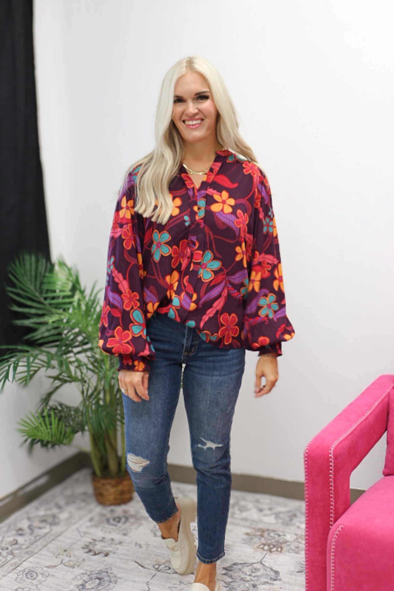 Harvest Bloom Eggplant Purple Floral Blouse