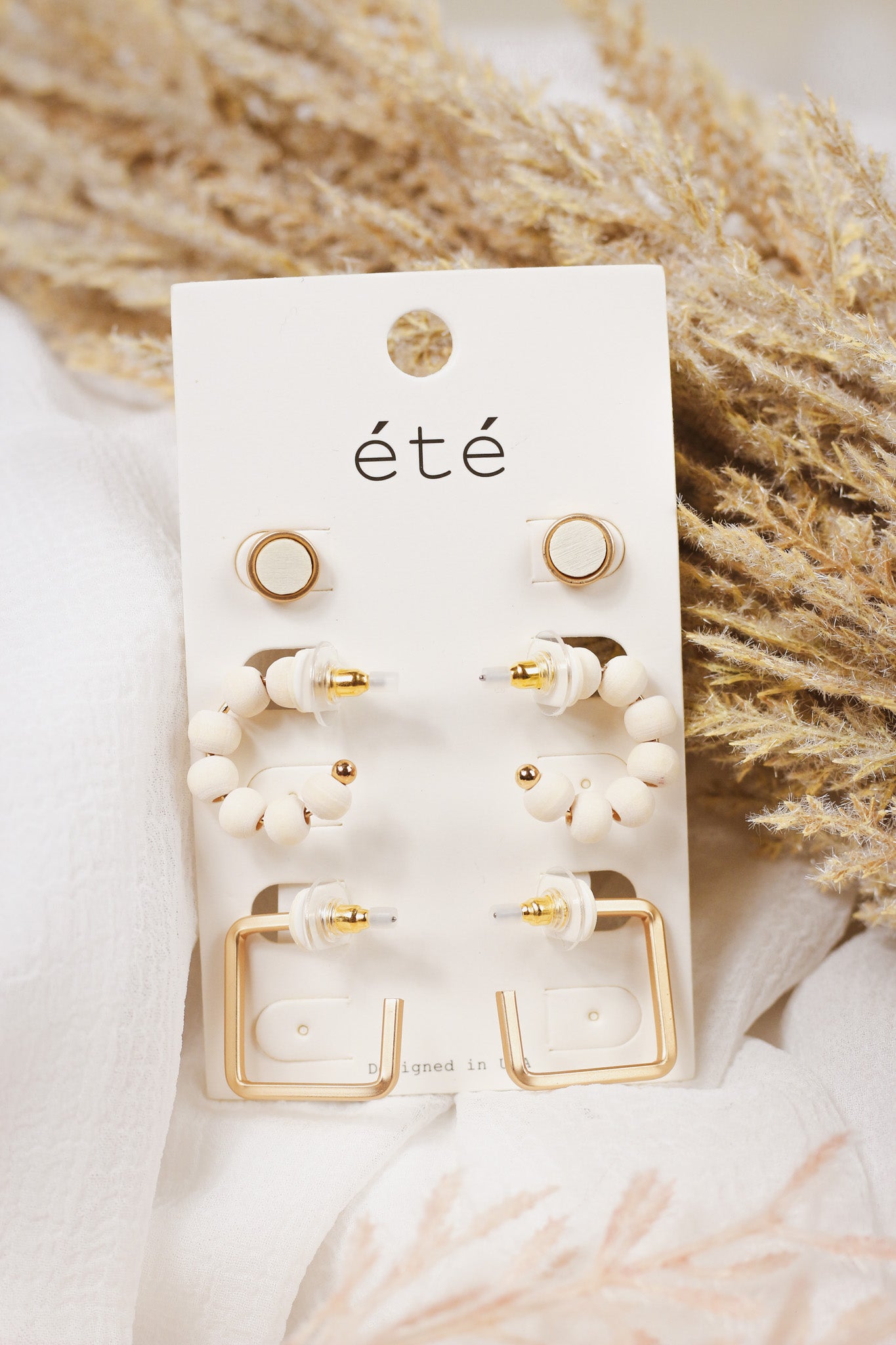 Set of 3 White Wooden Stud, Huggie Hoop, and Gold Earrings