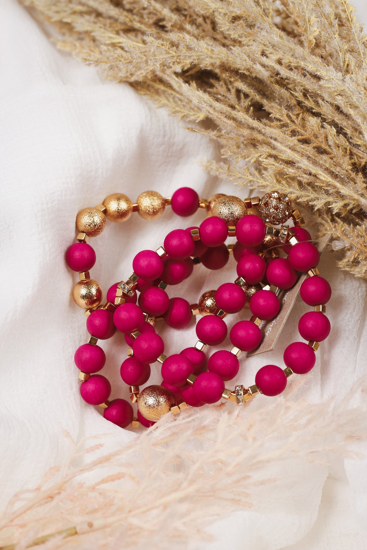 Hot Pink & Gold Beaded Bracelet Set