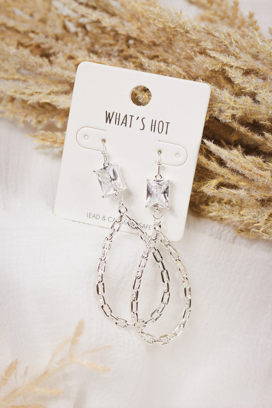 Clear Stone with Chain Silver Teardrop 2" Earring