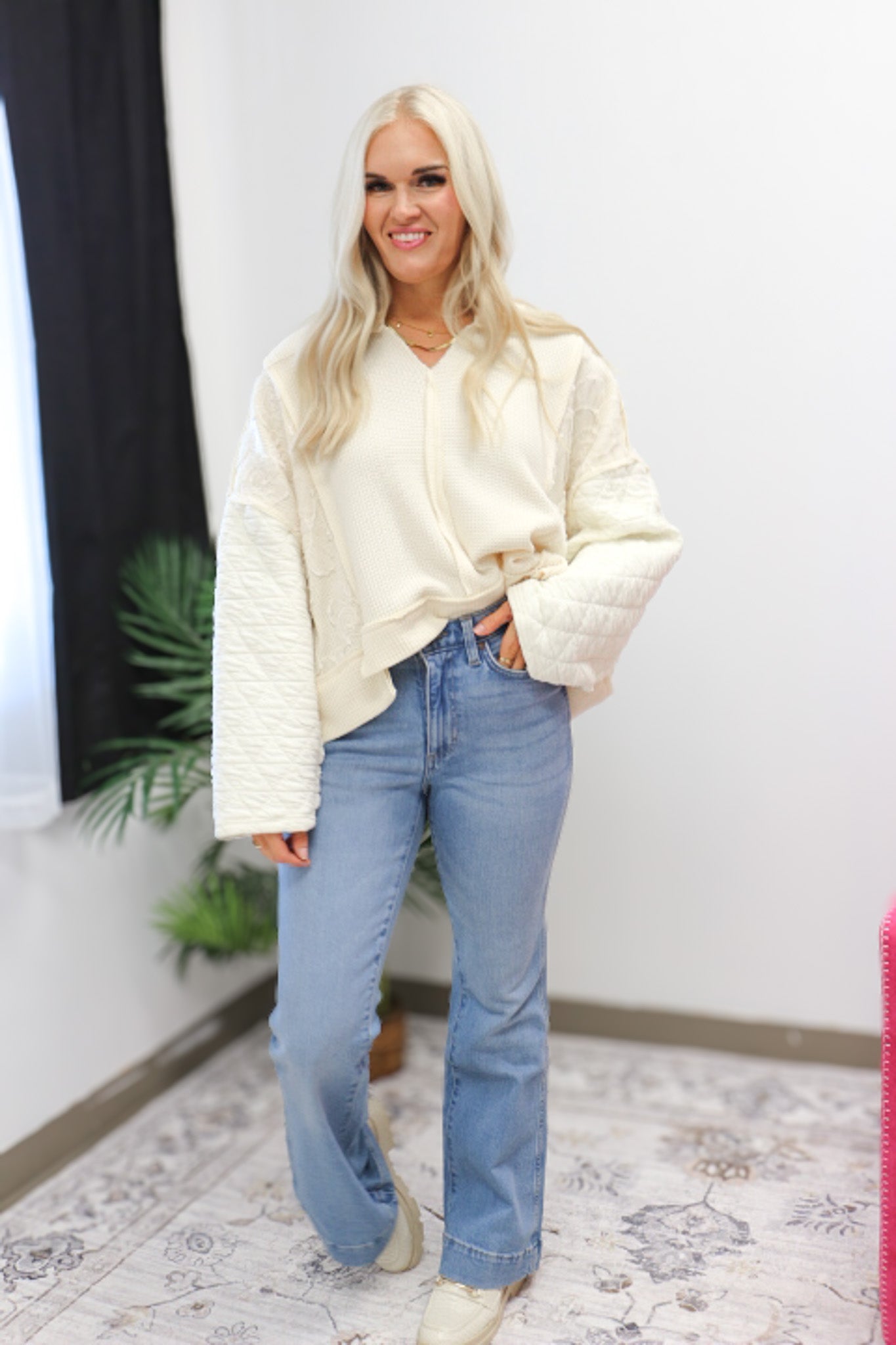 Sweet And Innocent Quilted Floral Cream Sweater