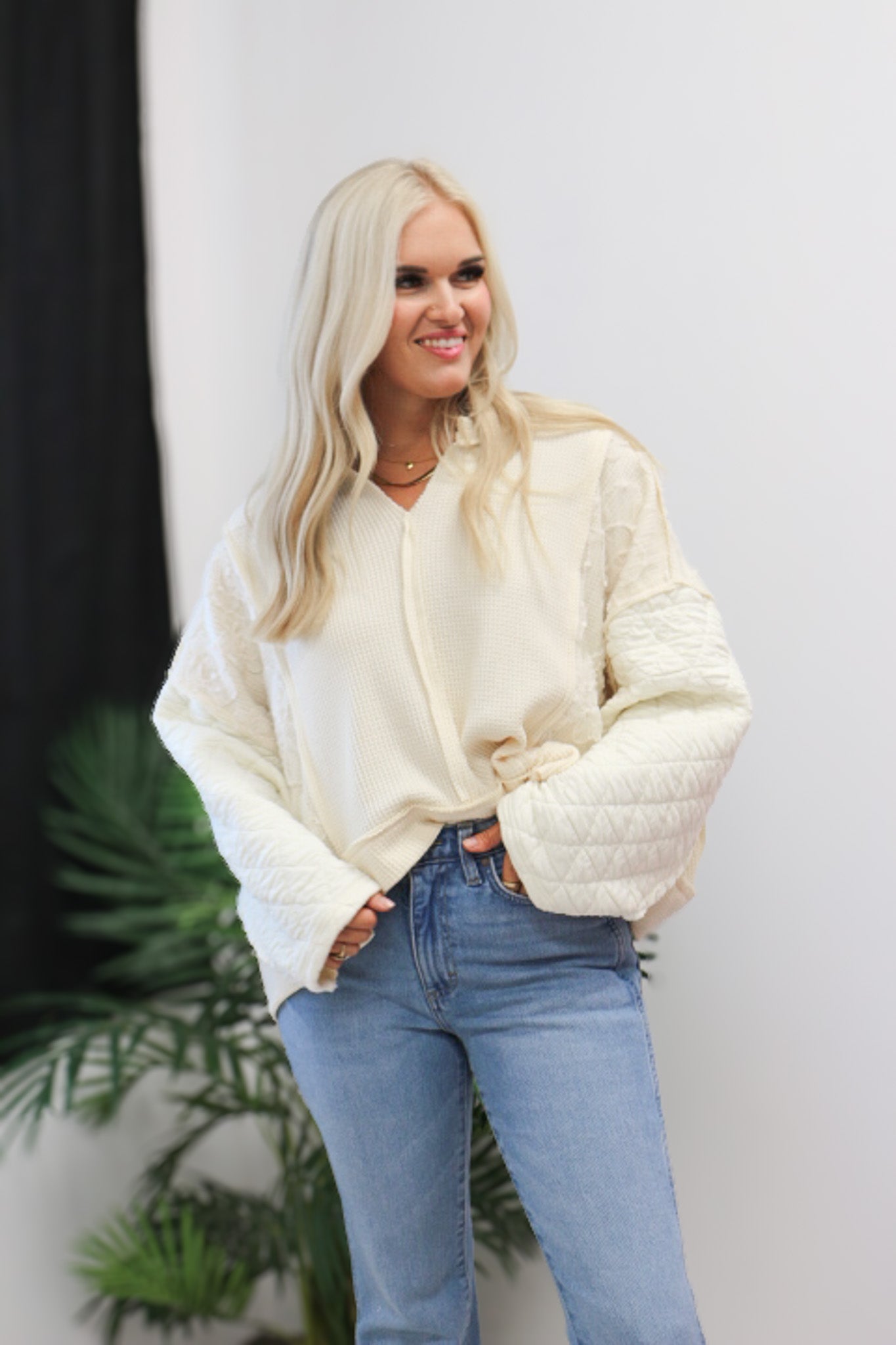 Sweet And Innocent Quilted Floral Cream Sweater